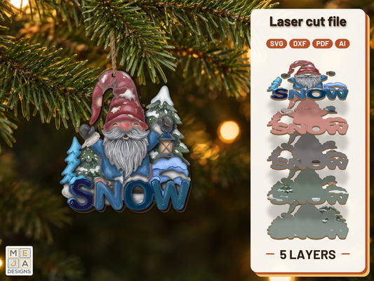Let It Snow Gnome Ornament laser cut file: the finished layered piece, hand painted