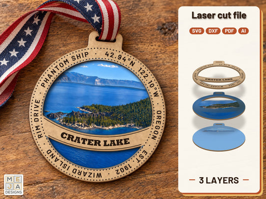 Crater Lake National Park Ornament laser cut file: the finished layered piece, hand painted