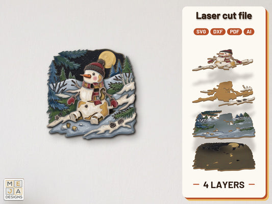 Marshmallow Snowman Moonlit Scene laser cut file: the finished layered piece, hand painted