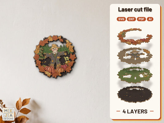 Autumn Scarecrow Leaf Wreath laser cut file: the finished layered piece, hand painted