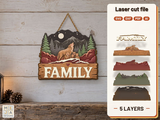 Howling Wolf Family Sign laser cut file: the finished layered piece, hand painted