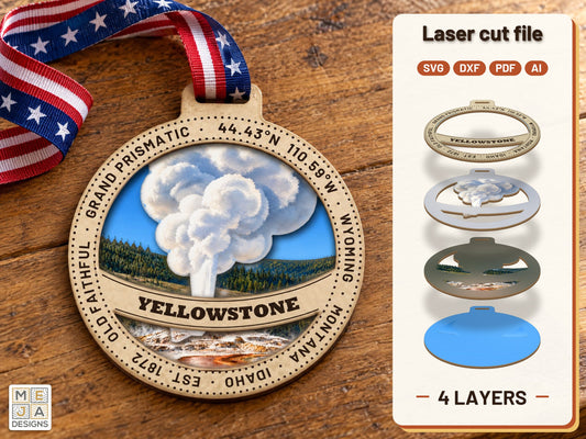 Yellowstone National Park Ornament laser cut file: the finished layered piece, hand painted