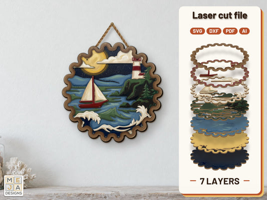 Lighthouse Bay Sailboat laser cut file: the finished layered piece, hand painted