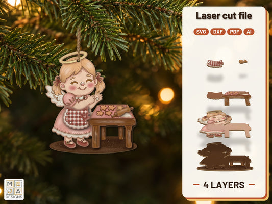 Baking Angel Ornament laser cut file: the finished layered piece, hand painted