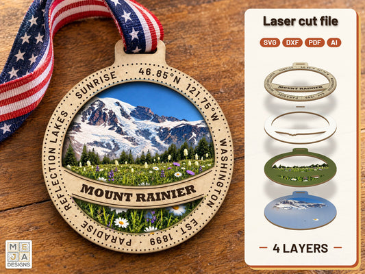 Mount Rainier National Park Ornament laser cut file: the finished layered piece, hand painted