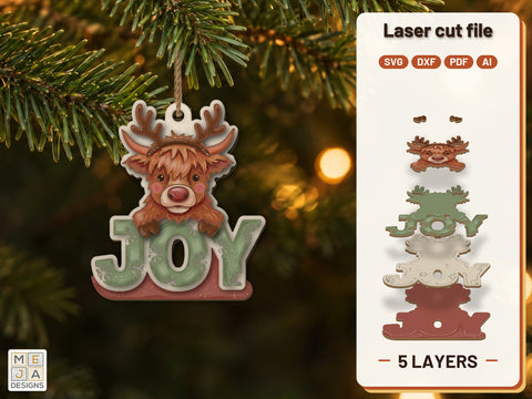 Highland Cow Joy Ornament Laser Cut File