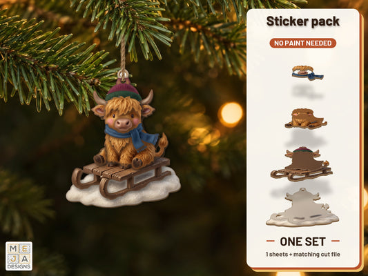 Highland Cow Sled Ornament sticker pack: the printed sticker pack