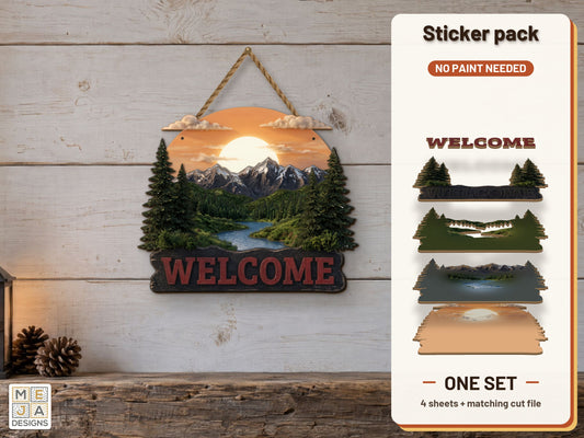 Mountain Sunset Welcome Sign sticker pack: the printed sticker pack