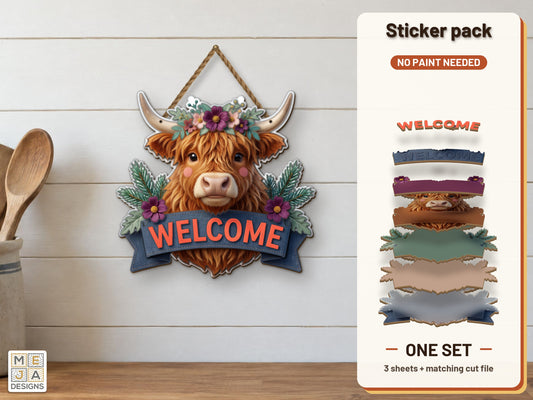 Floral Highland Cow Welcome Sign sticker pack: the printed sticker pack