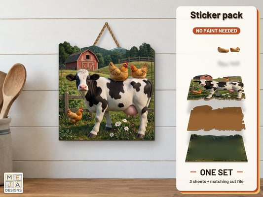 Farmyard Cow and Hens sticker pack: the printed sticker pack