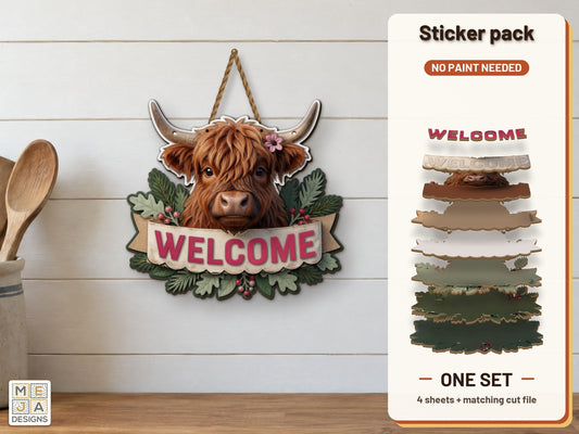 Rustic Highland Cow Welcome Sign sticker pack: the printed sticker pack
