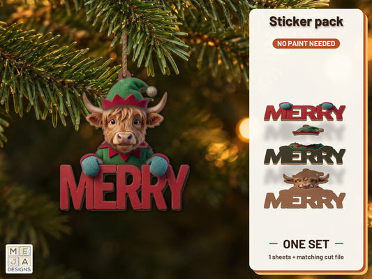 Highland Cow Elf Ornament sticker pack: the printed sticker pack