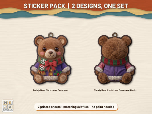 Two-Sided Teddy Bear Christmas Ornament sticker pack: the printed sticker pack