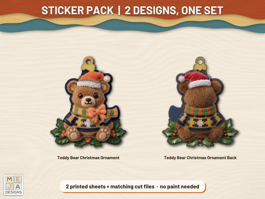 Two-Sided Teddy Bear Christmas Ornament sticker pack: the printed sticker pack