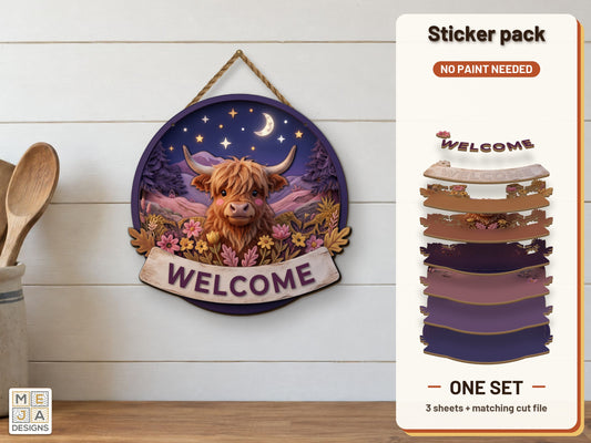 Meadow Highland Cow Welcome Sign sticker pack: the printed sticker pack