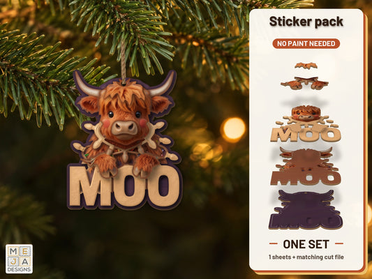 Highland Cow MOO Ornament sticker pack: the printed sticker pack