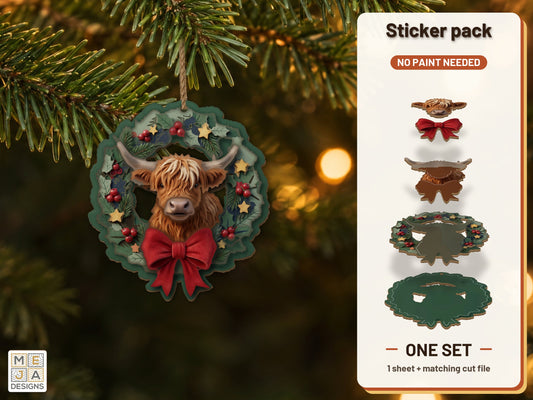 Highland Cow Wreath Ornament sticker pack: the printed sticker pack
