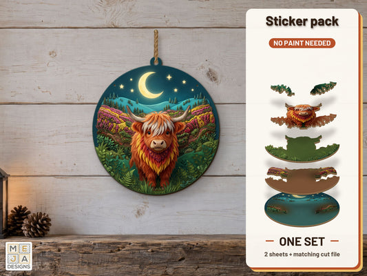 Highland Cow Moonlit Hanger sticker pack: the printed sticker pack