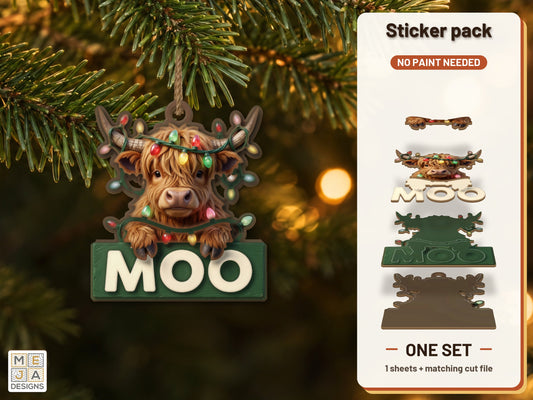 Highland Cow Christmas Ornament sticker pack: the printed sticker pack