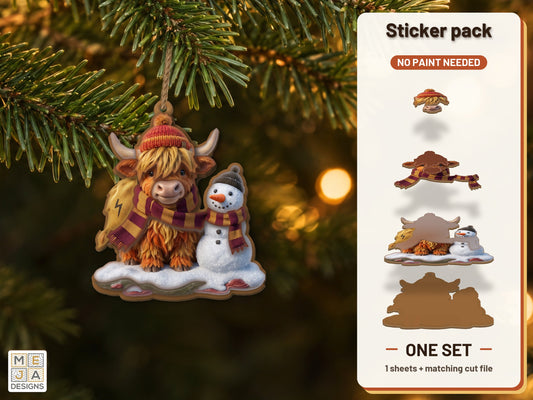 Highland Cow Snowman Ornament sticker pack: the printed sticker pack