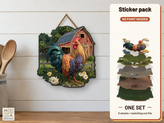 Red Barn Rooster and Daisies sticker pack: the printed sticker pack