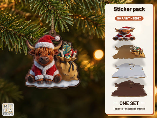 Santa Highland Cow Ornament sticker pack: the printed sticker pack