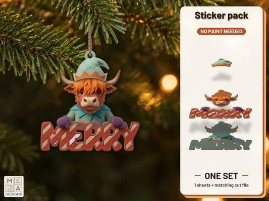 Highland Cow Elf Ornament sticker pack: the printed sticker pack
