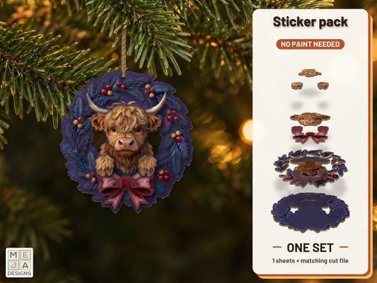Highland Cow Wreath Ornament sticker pack: the printed sticker pack