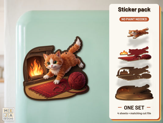 Fireside Kitten Yarn Magnet sticker pack: the printed sticker pack