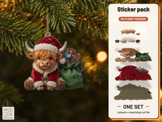 Highland Cow Santa Ornament sticker pack: the printed sticker pack