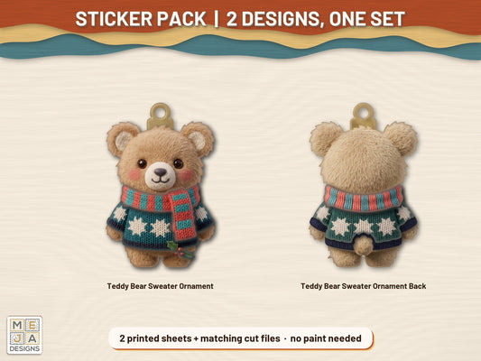 Two-Sided Teddy Bear Sweater Ornament sticker pack: the printed sticker pack