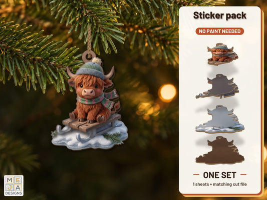 Highland Cow Sled Ornament sticker pack: the printed sticker pack