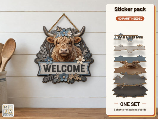 Blue Highland Cow Welcome Sign sticker pack: the printed sticker pack