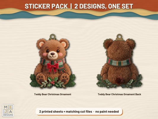 Two-Sided Teddy Bear Christmas Ornament sticker pack: the printed sticker pack