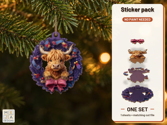 Highland Cow Wreath Ornament sticker pack: the printed sticker pack