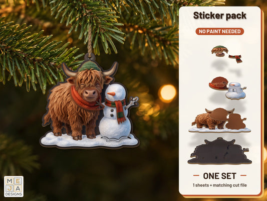 Highland Cow Snowman Ornament sticker pack: the printed sticker pack