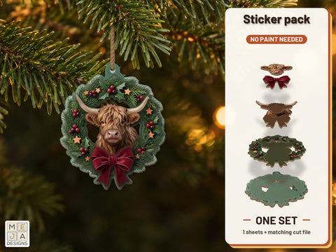 Highland Cow Wreath Ornament Sticker Pack
