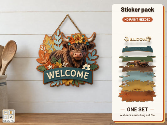 Autumn Highland Cow Welcome Sign sticker pack: the printed sticker pack
