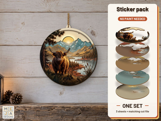 Highland Cow Sunrise Hanger sticker pack: the printed sticker pack