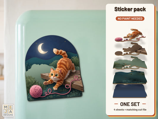 Pouncing Cat Yarn Magnet sticker pack: the printed sticker pack