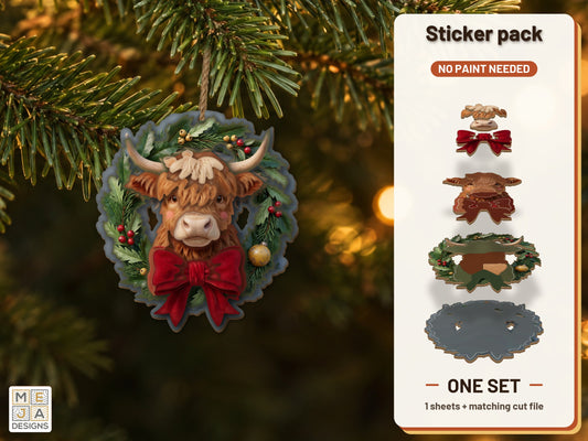 Highland Cow Wreath Ornament sticker pack: the printed sticker pack
