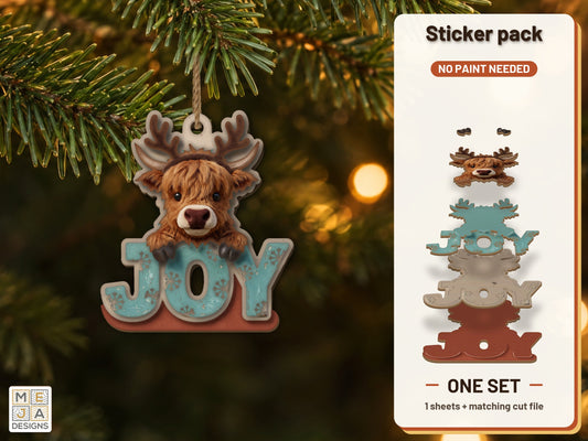 Highland Cow Joy Ornament sticker pack: the printed sticker pack