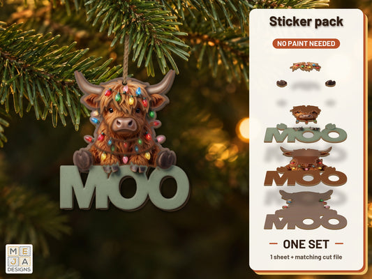 Highland Cow MOO Ornament sticker pack: the printed sticker pack