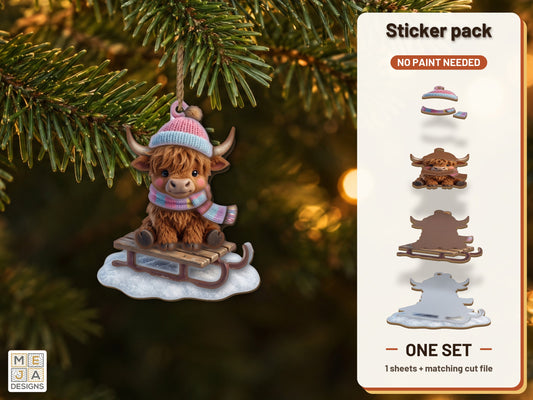 Highland Cow Sled Ornament sticker pack: the printed sticker pack