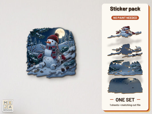Marshmallow Snowman Moonlit Scene sticker pack: the printed sticker pack