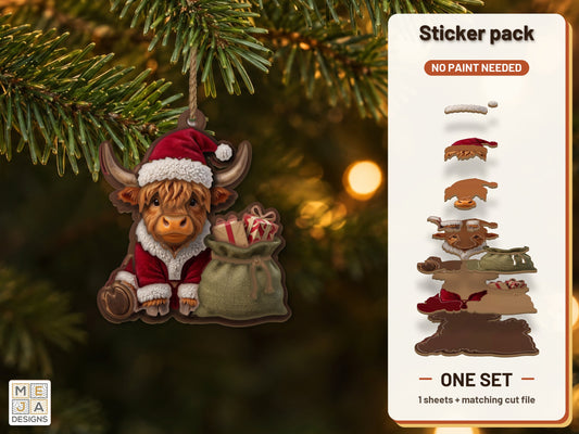 Santa Highland Cow Ornament sticker pack: the printed sticker pack