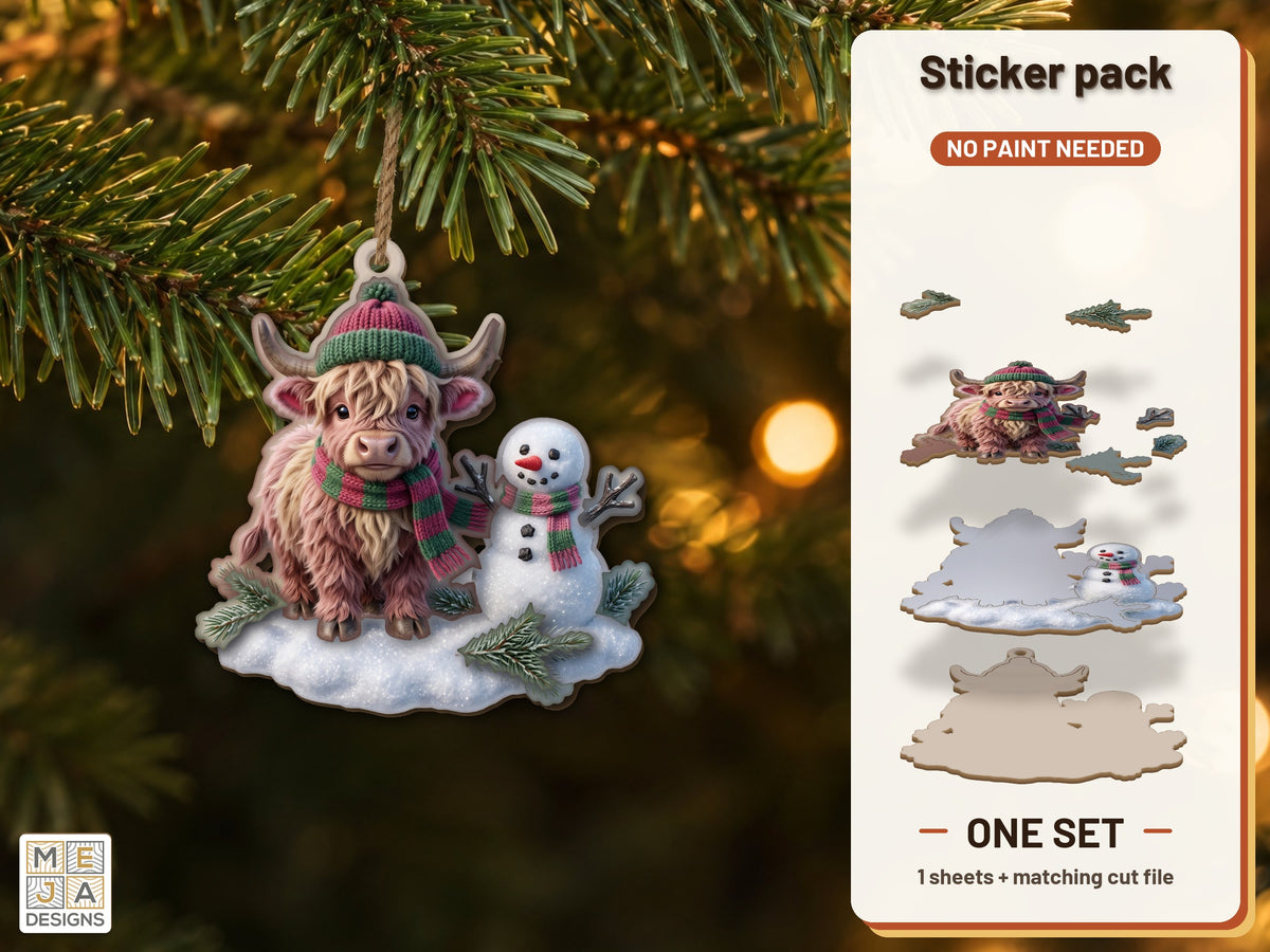 Highland Cow Snowman Ornament sticker pack: the printed sticker pack