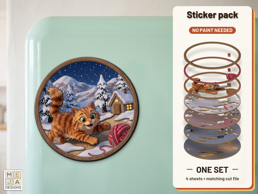 Pouncing Kitten Winter Magnet sticker pack: the printed sticker pack