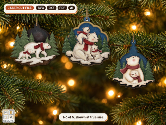 Polar Bear Family Christmas Ornament Set laser cut file: all the designs together