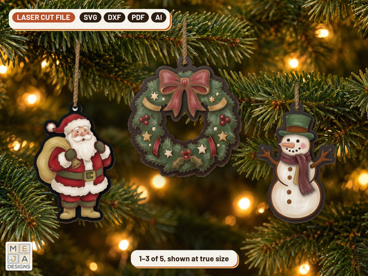 Jolly Old-Fashioned Christmas Ornament Set laser cut file: all the designs together